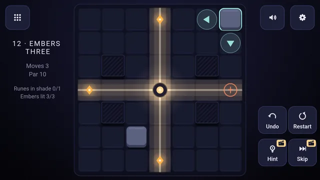 Level 12, Embers Three: a round lamp lights four beams across the board while stones wait to be slid into place