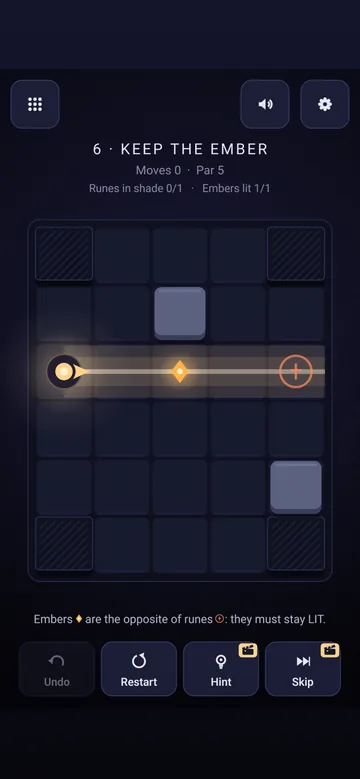 Gloamstone on a phone, level 6, Keep the Ember: a beam crosses an ember that must stay lit, with a tip that shows each piece as a small icon