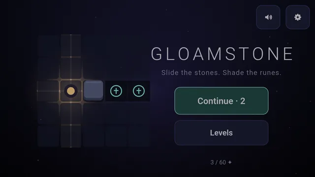 Gloamstone title screen with the tagline Slide the stones. Shade the runes.